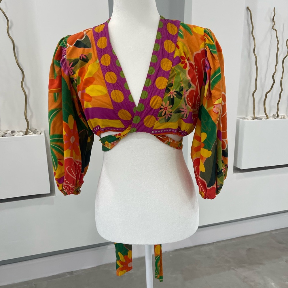 Vibrant Patchwork Blouse With Floral Accents - image 2